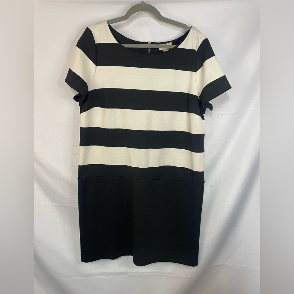 LOFT Black and Cream Striped Mini Dress